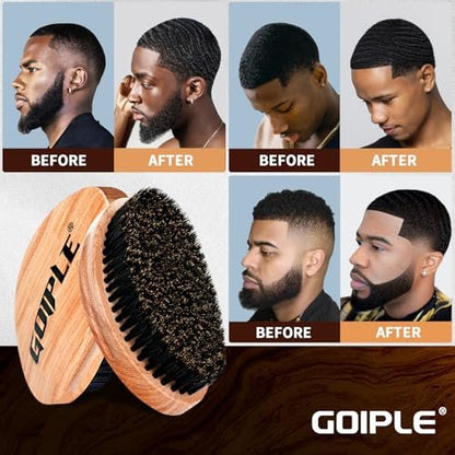 360 Curved Wave Brush for Men & Beard - Soft & Hard Palm Wave Hair Brushes, Wave Styler for Wolfing, Beech Wood & Boar Bristle Brush for Barbers & Daily Use (Coffee)