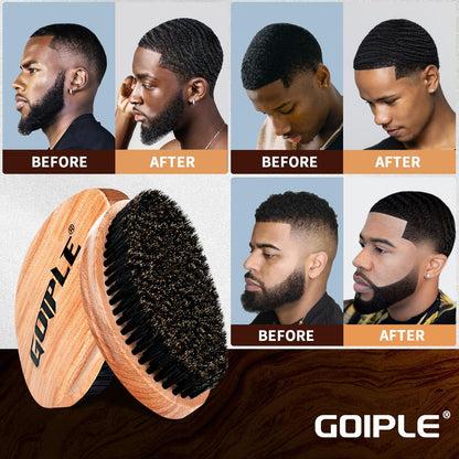 360 Curved Wave Brush for Men & Beard - Soft & Hard Palm Wave Hair Brushes, Wave Styler for Wolfing, Beech Wood & Boar Bristle Brush for Barbers & Daily Use (Coffee)