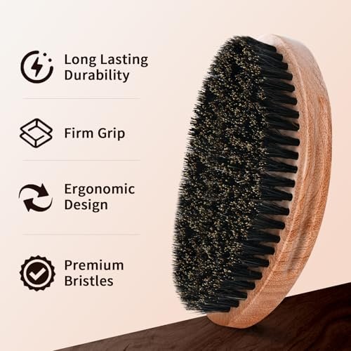 360 Curved Wave Brush for Men & Beard - Soft & Hard Palm Wave Hair Brushes, Wave Styler for Wolfing, Beech Wood & Boar Bristle Brush for Barbers & Daily Use (Coffee) - görsel 6