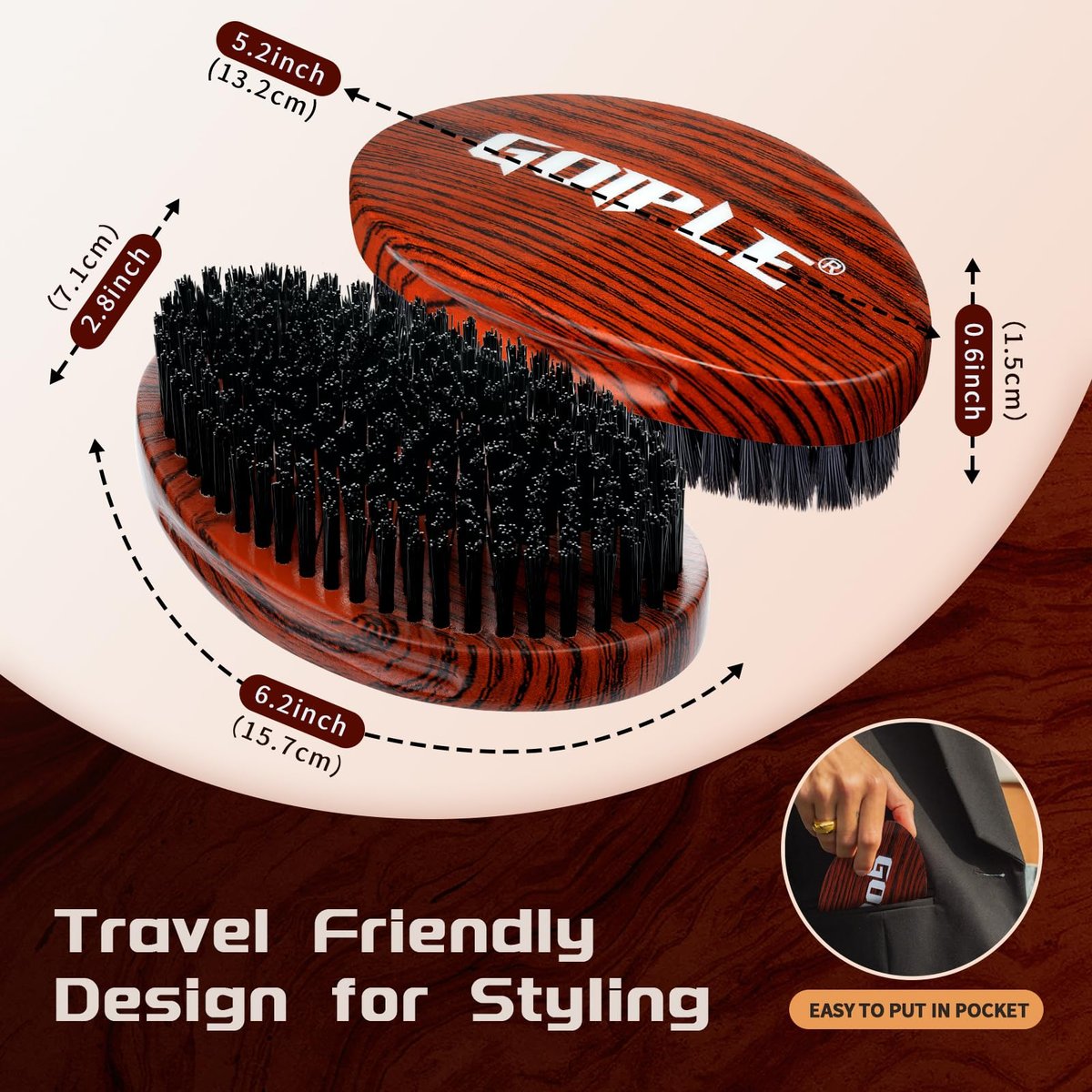 360 Curved Wave Brush for Men & Beard – Hard Palm Wave Hair Brush, Wave Styler for Wolfing, 360 Wolfin Pro Nylon Hard Bristle Brush for Barbers & Daily Use, Black Hair (Red) - görsel 3