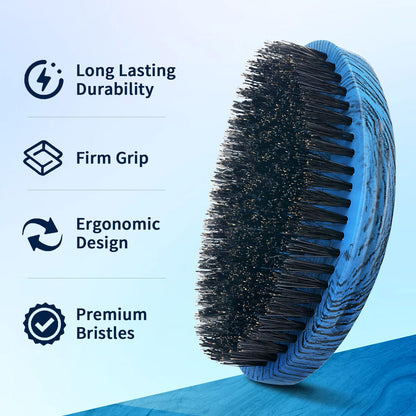 360 Curved Wave Brush for Men & Beard - Medium Hard Palm Wave Hair Brush, Wave Styler Great for Wolfing, Beech Mix Boar & Nylon Bristle Brush for Barbers & Daily Use (Blue)