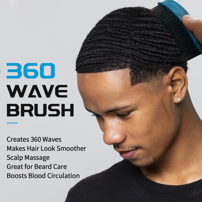 360 Curved Wave Brush for Men & Beard - Medium Hard Palm Wave Hair Brush, Wave Styler Great for Wolfing, Beech Mix Boar & Nylon Bristle Brush for Barbers & Daily Use (Blue)