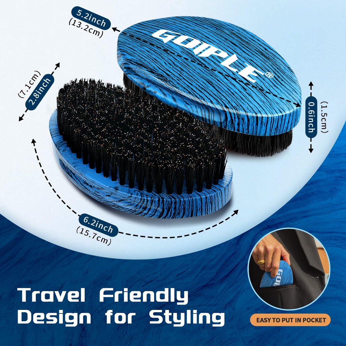 360 Curved Wave Brush for Men & Beard - Medium Hard Palm Wave Hair Brush, Wave Styler Great for Wolfing, Beech Mix Boar & Nylon Bristle Brush for Barbers & Daily Use (Blue) - görsel 3