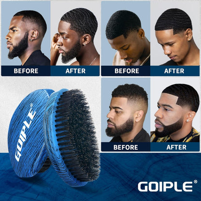 360 Curved Wave Brush for Men & Beard - Medium Hard Palm Wave Hair Brush, Wave Styler Great for Wolfing, Beech Mix Boar & Nylon Bristle Brush for Barbers & Daily Use (Blue)