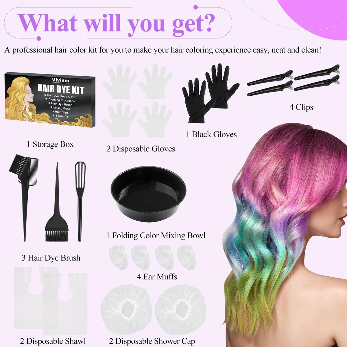 19-Piece Hair Dye Kit with Brush, Bowl, Clips, Ear Muffs, Gloves, Scarf & Shower Cap – Professional Home Hair Coloring Set - görsel 11