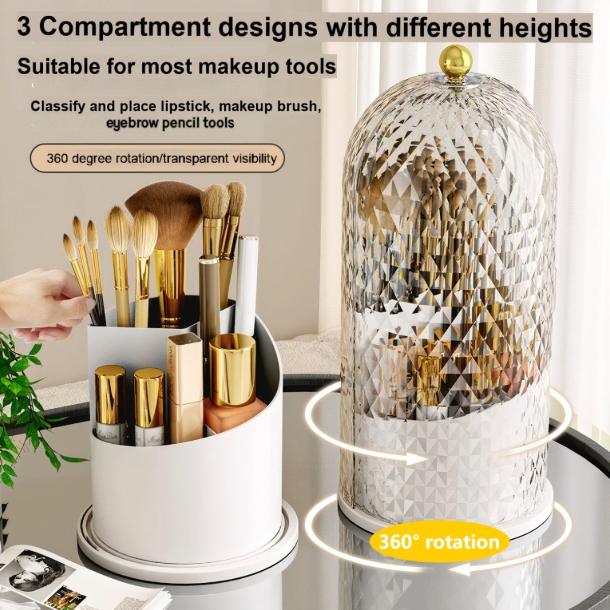 RONGZHIERK Makeup Brush Holder with Lid - 360 Rotating, Waterproof & Dustproof Beauty Brush Storage Box for Vanity & Bathroom, White - görsel 3
