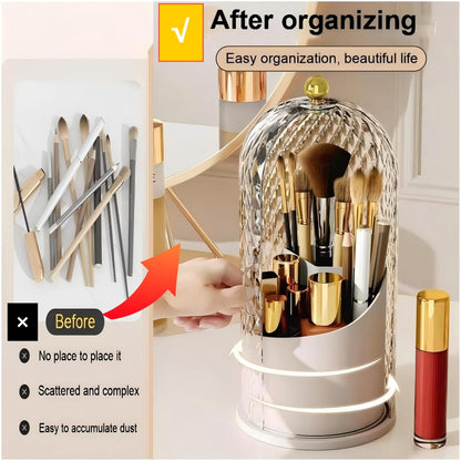 RONGZHIERK Makeup Brush Holder with Lid - 360 Rotating, Waterproof & Dustproof Beauty Brush Storage Box for Vanity & Bathroom, White
