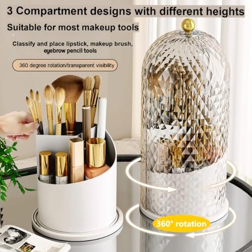 RONGZHIERK Makeup Brush Holder with Lid - 360 Rotating, Waterproof & Dustproof Beauty Brush Storage Box for Vanity & Bathroom, White - görsel 4