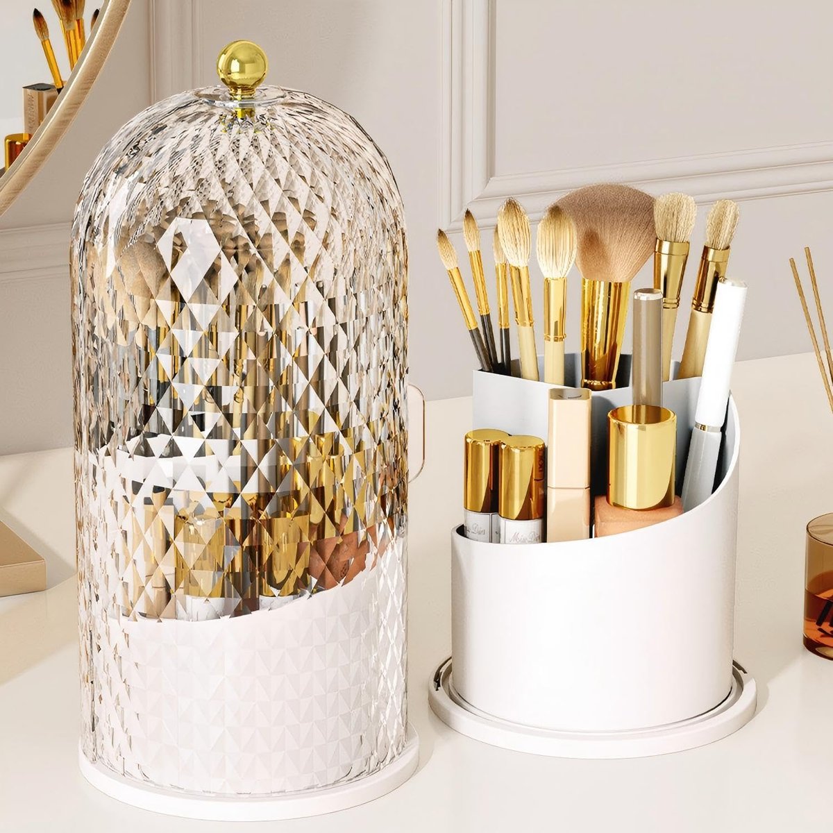 RONGZHIERK Makeup Brush Holder with Lid - 360 Rotating, Waterproof & Dustproof Beauty Brush Storage Box for Vanity & Bathroom, White - görsel 1