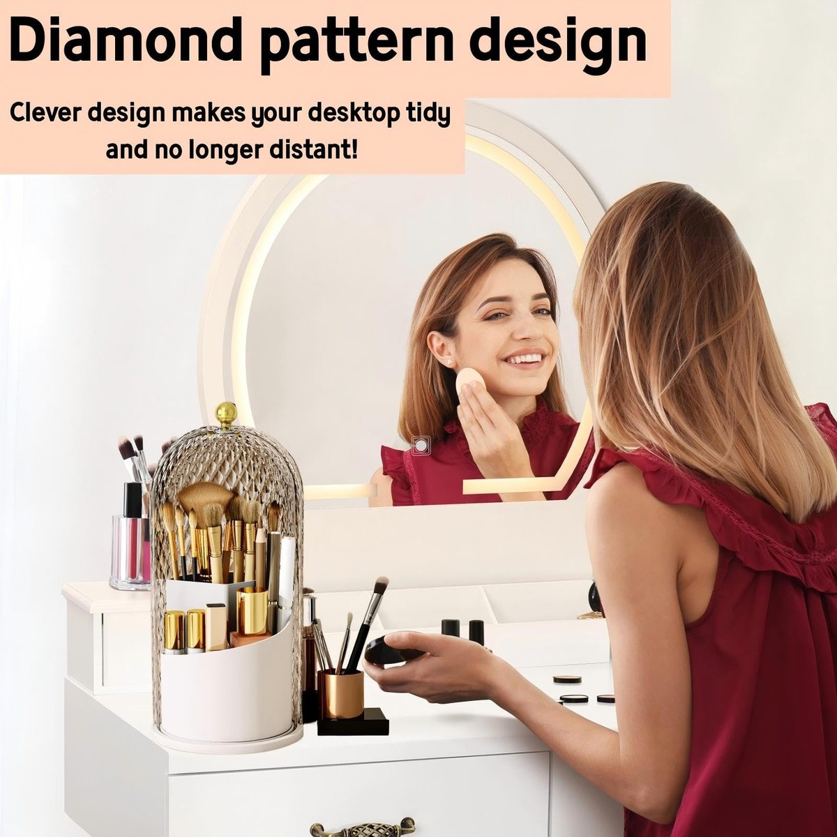 RONGZHIERK Makeup Brush Holder with Lid - 360 Rotating, Waterproof & Dustproof Beauty Brush Storage Box for Vanity & Bathroom, White - görsel 5