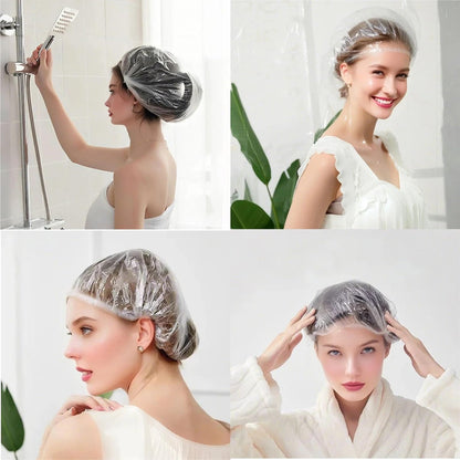 200 PCS Disposable Shower Caps - Large Thick Plastic Clear Hair Caps for Women, Men, Deep Conditioning, Travel, Hotel, Spa & Home