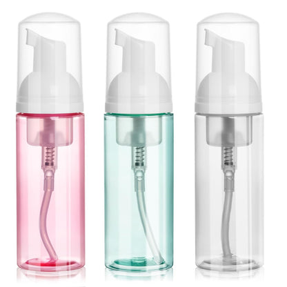 ShanySheny 2oz Travel Foam Pump Bottle Set - 3 Pack Empty Foaming Dispensers for Hand Soap, Shampoo, Lash Cleanser (60ml) - Pink, Green, Transparent