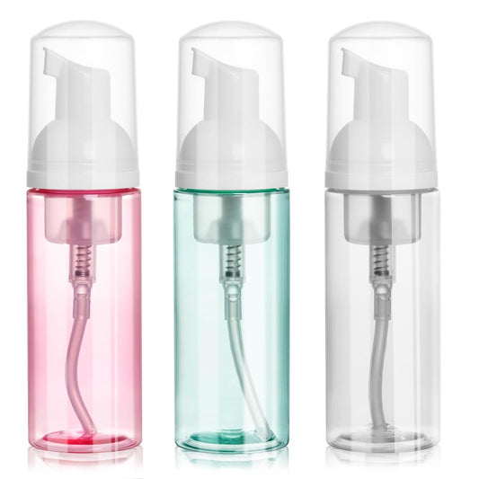 ShanySheny 2oz Travel Foam Pump Bottle Set - 3 Pack Empty Foaming Dispensers for Hand Soap, Shampoo, Lash Cleanser (60ml) - Pink, Green, Transparent