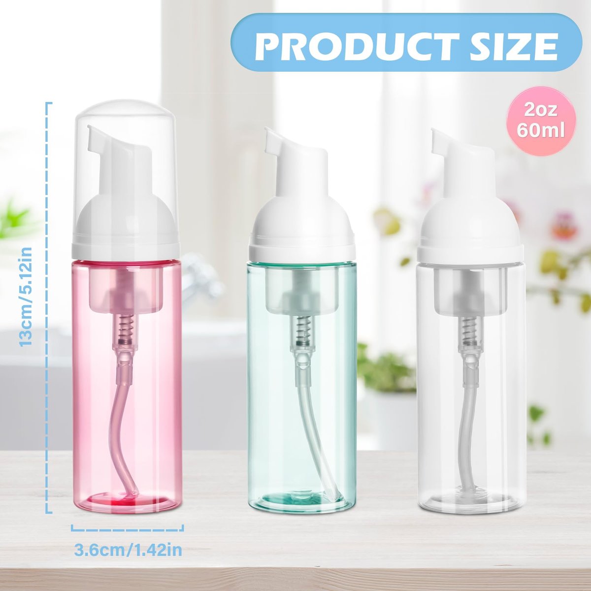 ShanySheny 2oz Travel Foam Pump Bottle Set - 3 Pack Empty Foaming Dispensers for Hand Soap, Shampoo, Lash Cleanser (60ml) - Pink, Green, Transparent - görsel 7