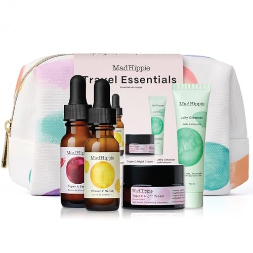 Mad Hippie Travel Essentials Set: Vitamin C Serum, Triple C Night Cream, Super A Serum + Jelly Cleanser in Recycled Bag, Cruelty-Free Skincare Avelisse