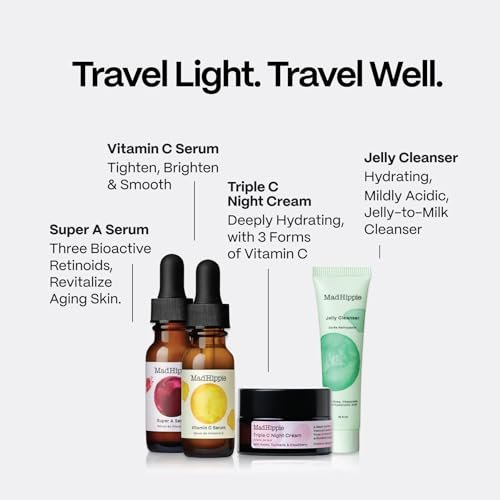 Mad Hippie Travel Essentials Set: Vitamin C Serum, Triple C Night Cream, Super A Serum + Jelly Cleanser in Recycled Bag, Cruelty-Free Skincare Avelisse