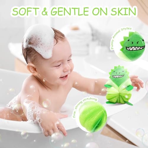 Kids Loofah & Bath Sponge, 2 Pack Dinosaur & Shark Mesh Pouf for Toddlers – Gentle Baby Body Scrubber for Bath Time, Boys & Girls - görsel 6