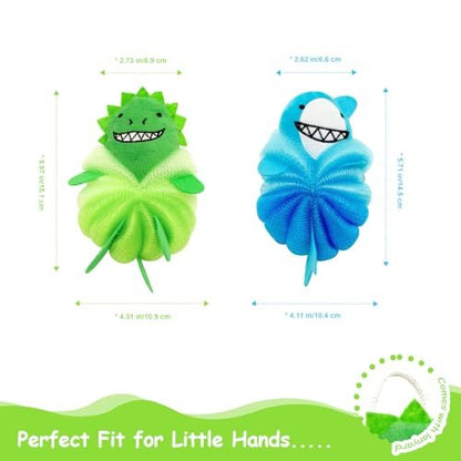 Kids Loofah & Bath Sponge, 2 Pack Dinosaur & Shark Mesh Pouf for Toddlers – Gentle Baby Body Scrubber for Bath Time, Boys & Girls