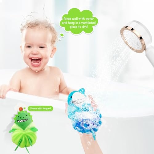 Kids Loofah & Bath Sponge, 2 Pack Dinosaur & Shark Mesh Pouf for Toddlers – Gentle Baby Body Scrubber for Bath Time, Boys & Girls - görsel 14