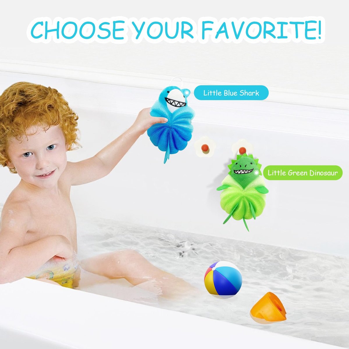 Kids Loofah & Bath Sponge, 2 Pack Dinosaur & Shark Mesh Pouf for Toddlers – Gentle Baby Body Scrubber for Bath Time, Boys & Girls - görsel 9