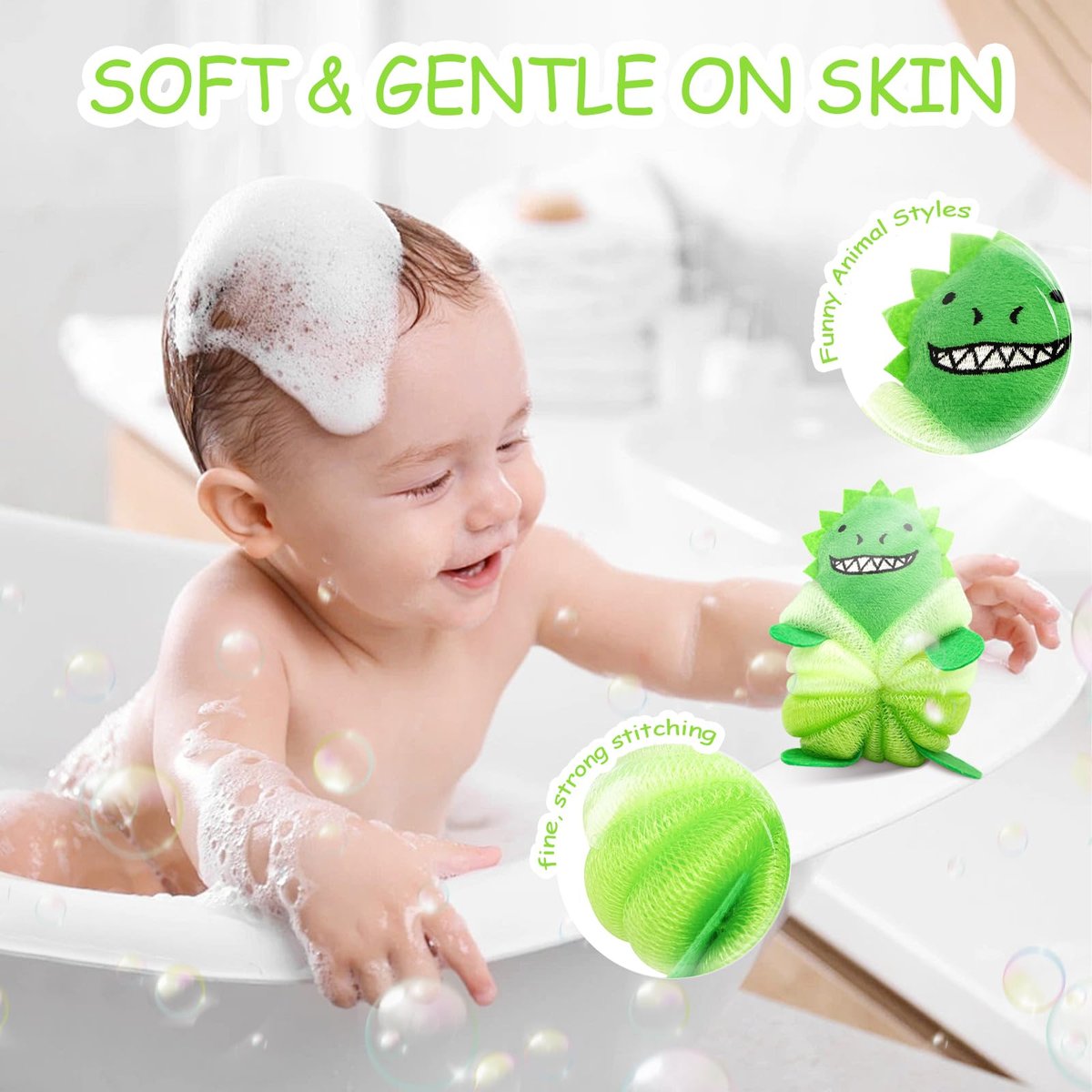 Kids Loofah & Bath Sponge, 2 Pack Dinosaur & Shark Mesh Pouf for Toddlers – Gentle Baby Body Scrubber for Bath Time, Boys & Girls - görsel 5