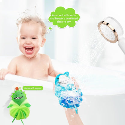 Kids Loofah & Bath Sponge, 2 Pack Dinosaur & Shark Mesh Pouf for Toddlers – Gentle Baby Body Scrubber for Bath Time, Boys & Girls