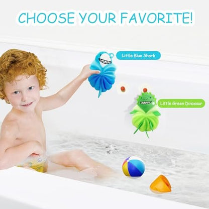 Kids Loofah & Bath Sponge, 2 Pack Dinosaur & Shark Mesh Pouf for Toddlers – Gentle Baby Body Scrubber for Bath Time, Boys & Girls