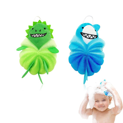 Kids Loofah & Bath Sponge, 2 Pack Dinosaur & Shark Mesh Pouf for Toddlers – Gentle Baby Body Scrubber for Bath Time, Boys & Girls