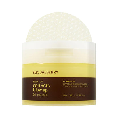 EQQUALBERRY Collagen Glow Up Gel Toner Pads – Brightening Korean Jelly Pad with Deep Absorption Collagen, Hydrating & Glow-Boosting Formula, 140ml / 60 Pads