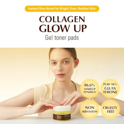 EQQUALBERRY Collagen Glow Up Gel Toner Pads – Brightening Korean Jelly Pad with Deep Absorption Collagen, Hydrating & Glow-Boosting Formula, 140ml / 60 Pads