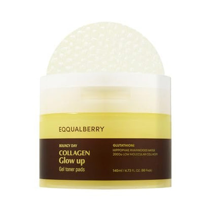 EQQUALBERRY Collagen Glow Up Gel Toner Pads – Brightening Korean Jelly Pad with Deep Absorption Collagen, Hydrating & Glow-Boosting Formula, 140ml / 60 Pads