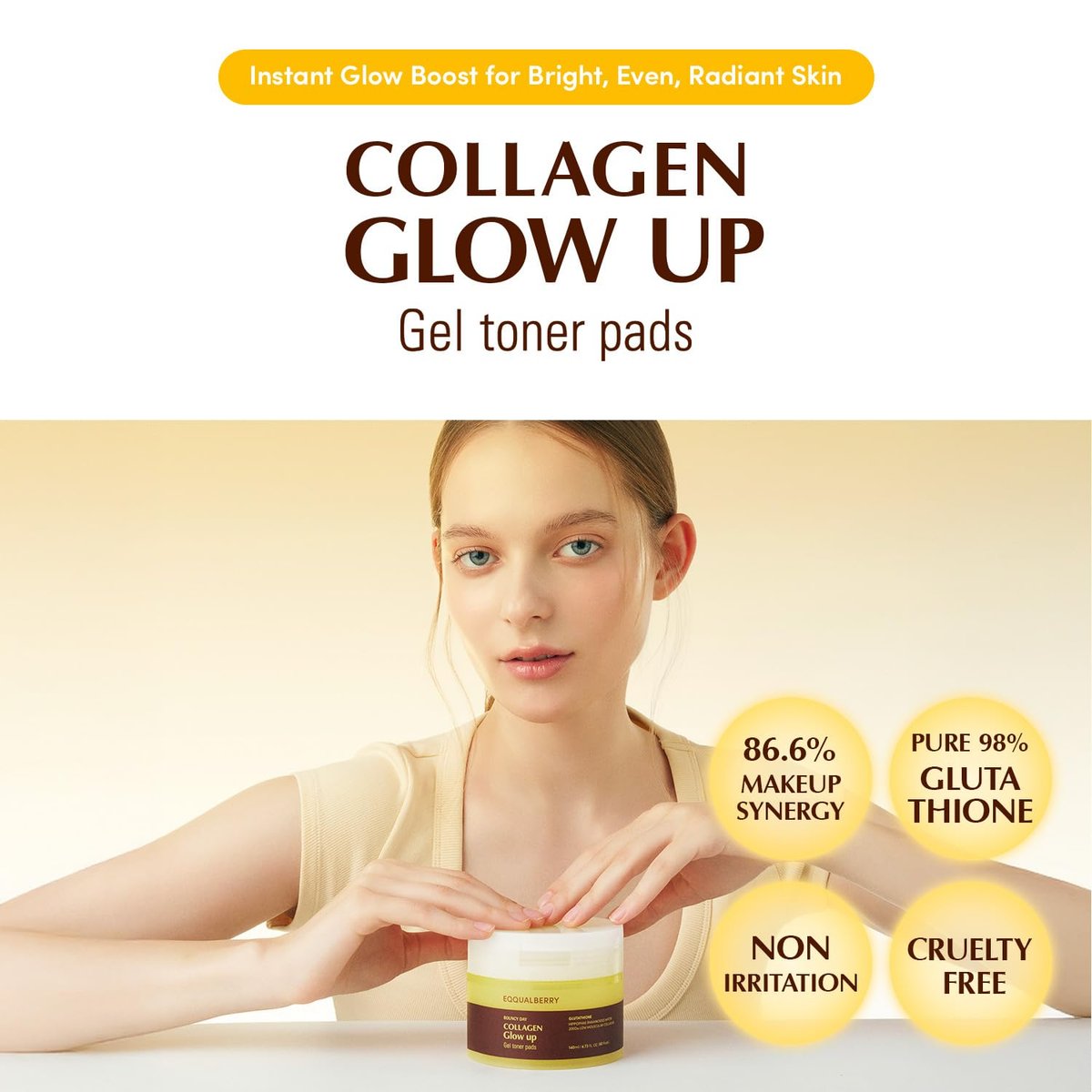 EQQUALBERRY Collagen Glow Up Gel Toner Pads – Brightening Korean Jelly Pad with Deep Absorption Collagen, Hydrating & Glow-Boosting Formula, 140ml / 60 Pads - görsel 3