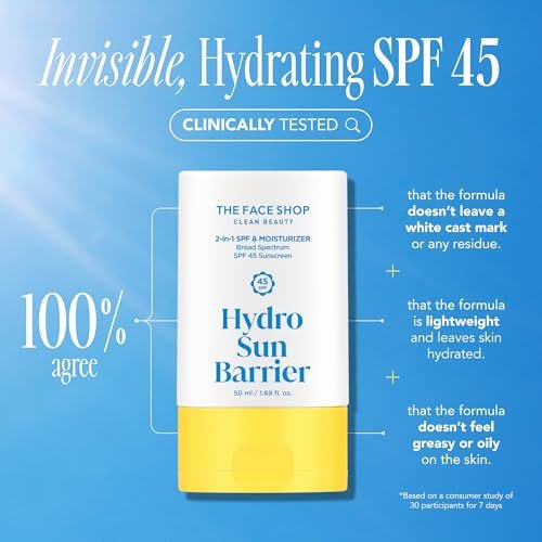 THE FACE SHOP Hydro Sun Barrier SPF 45 Daily Facial Sunscreen & Moisturizer for Oily Skin, No White Cast, 1.69 Fl Oz Avelisse