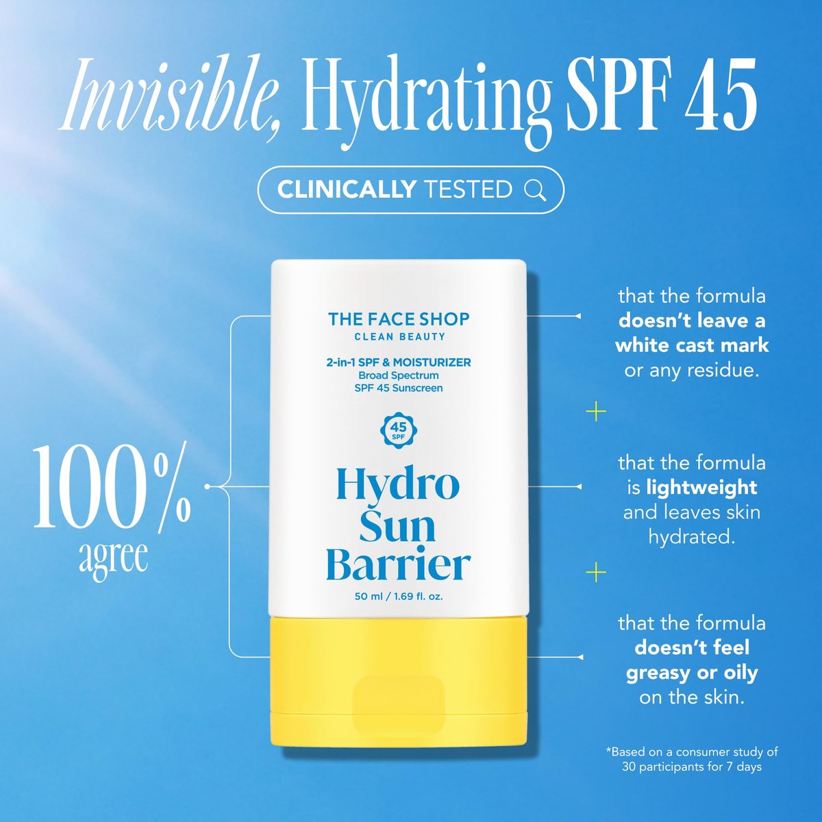 THE FACE SHOP Hydro Sun Barrier SPF 45 Daily Facial Sunscreen & Moisturizer for Oily Skin, No White Cast, 1.69 Fl Oz Avelisse