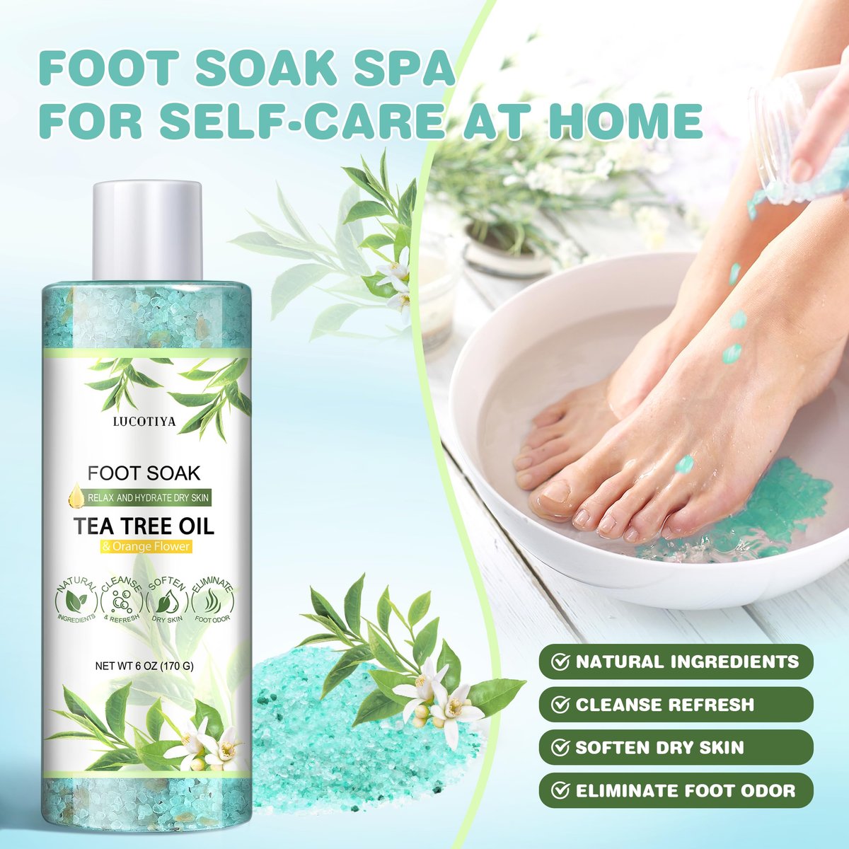 LUCOTIYA Tea Tree & Orange Flower Foot Soak Set – Complete Pedicure Kit with Salts, Foot File, Scrub & Urea Cream for Dry, Cracked Feet Avelisse