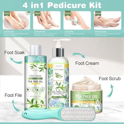 LUCOTIYA Tea Tree & Orange Flower Foot Soak Set – Complete Pedicure Kit with Salts, Foot File, Scrub & Urea Cream for Dry, Cracked Feet Avelisse