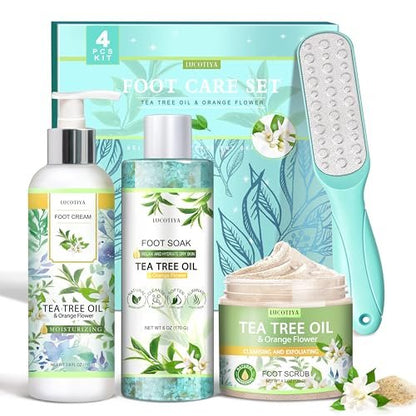 LUCOTIYA Tea Tree & Orange Flower Foot Soak Set – Complete Pedicure Kit with Salts, Foot File, Scrub & Urea Cream for Dry, Cracked Feet Avelisse