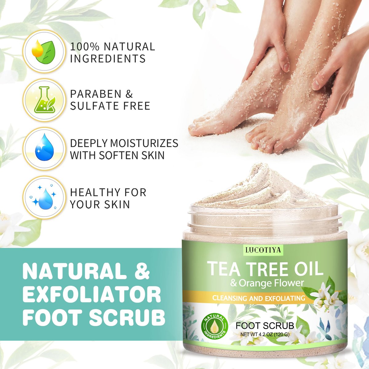 LUCOTIYA Tea Tree & Orange Flower Foot Soak Set – Complete Pedicure Kit with Salts, Foot File, Scrub & Urea Cream for Dry, Cracked Feet Avelisse