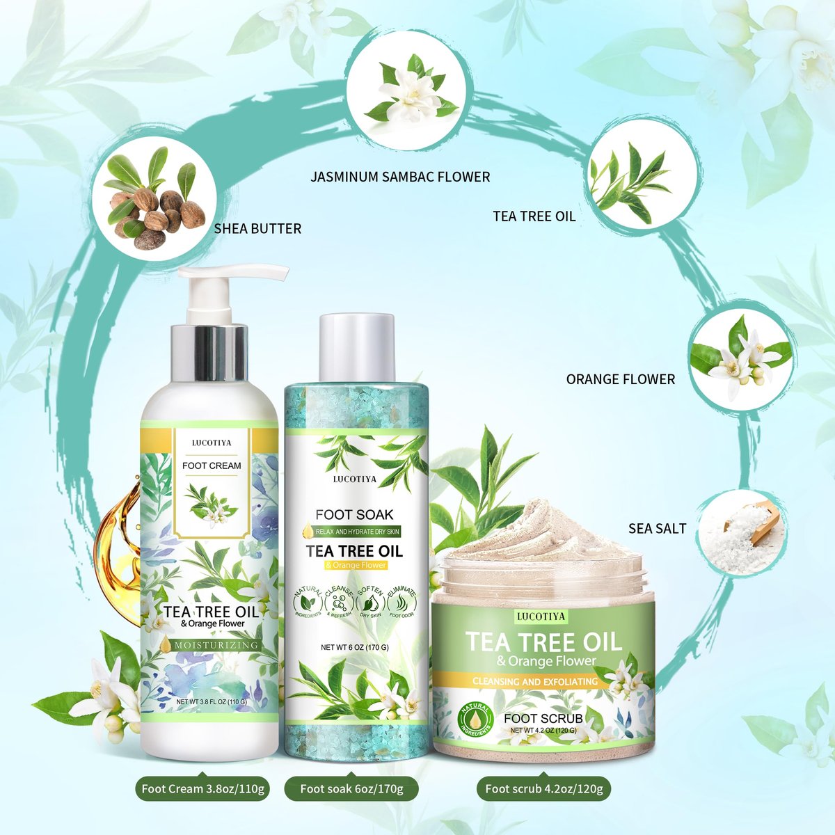 LUCOTIYA Tea Tree & Orange Flower Foot Soak Set – Complete Pedicure Kit with Salts, Foot File, Scrub & Urea Cream for Dry, Cracked Feet Avelisse