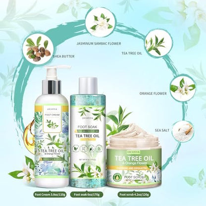 LUCOTIYA Tea Tree & Orange Flower Foot Soak Set – Complete Pedicure Kit with Salts, Foot File, Scrub & Urea Cream for Dry, Cracked Feet Avelisse
