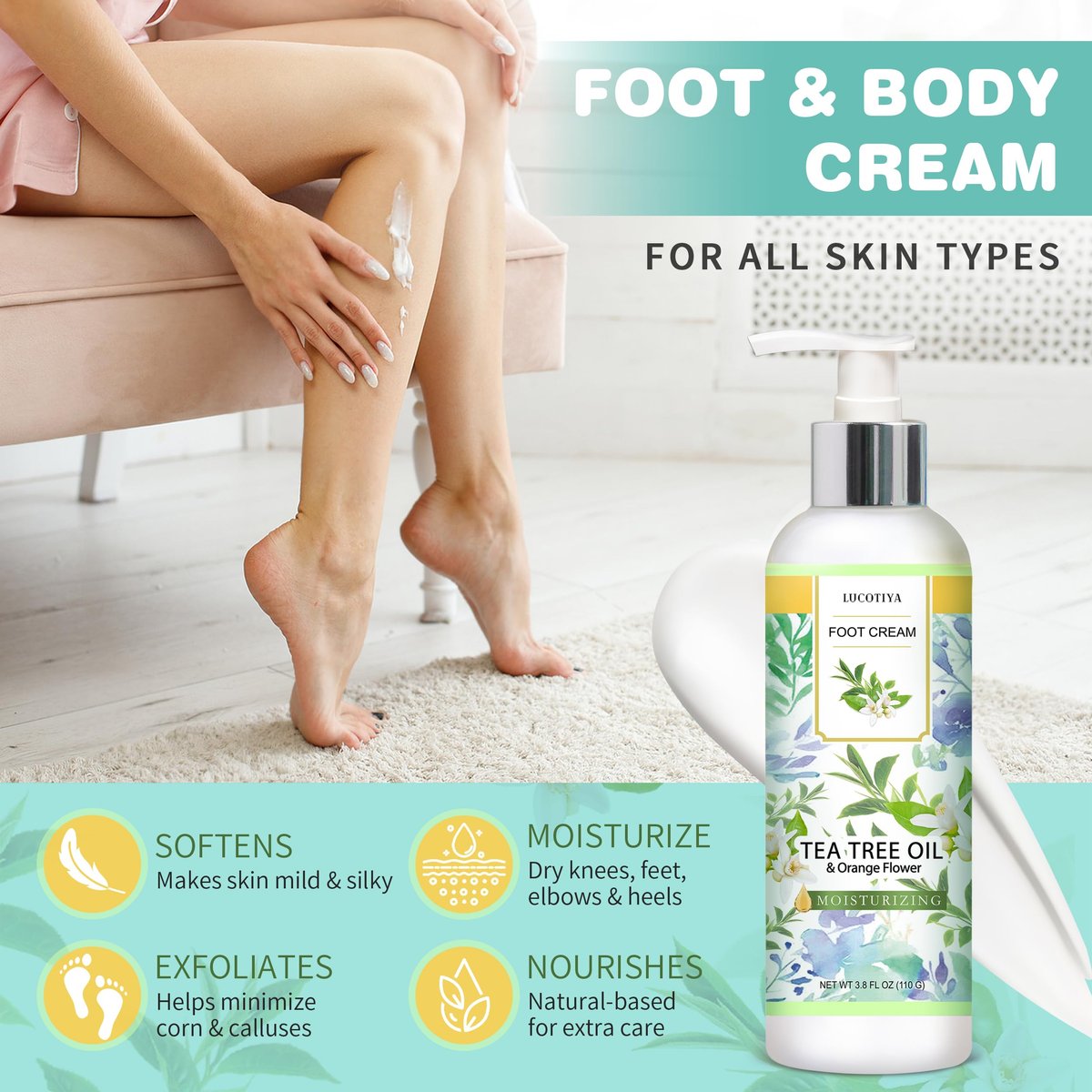 LUCOTIYA Tea Tree & Orange Flower Foot Soak Set – Complete Pedicure Kit with Salts, Foot File, Scrub & Urea Cream for Dry, Cracked Feet Avelisse