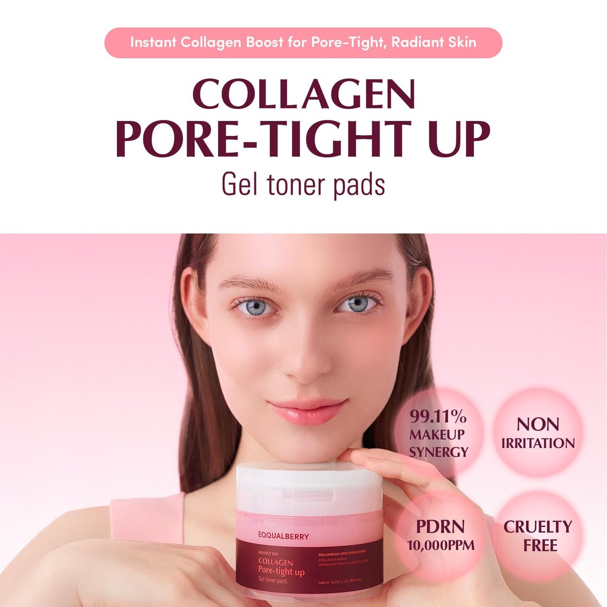 EQQUALBERRY Collagen Pore-Tight Up Gel Toner Pads – Korean Pore-Tightening Jelly Pad with Deep Absorption Collagen, Hydrating & Firming Formula, 4.73 FL.OZ. (140ml) / 60 Pads - görsel 3