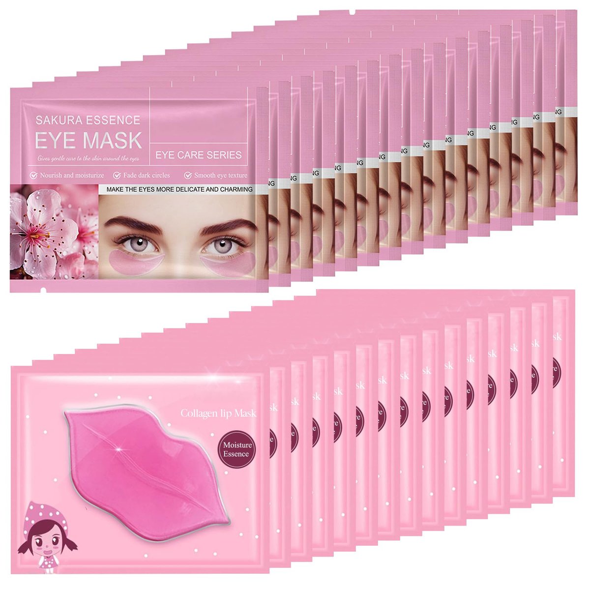Felico 30-Piece Lip and Eye Mask Set – Crystal Collagen Hydrating Gel Pads for Puffy Eyes, Dark Circles, Fine Lines, and Anti-Aging (Sakura) - görsel 1