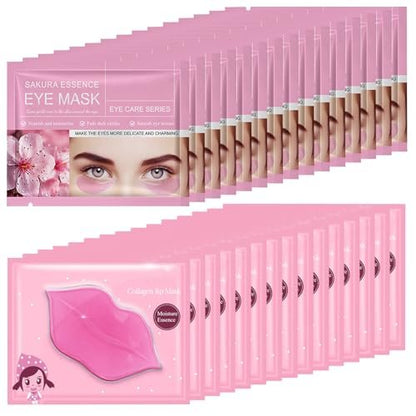 Felico 30-Piece Lip and Eye Mask Set – Crystal Collagen Hydrating Gel Pads for Puffy Eyes, Dark Circles, Fine Lines, and Anti-Aging (Sakura)