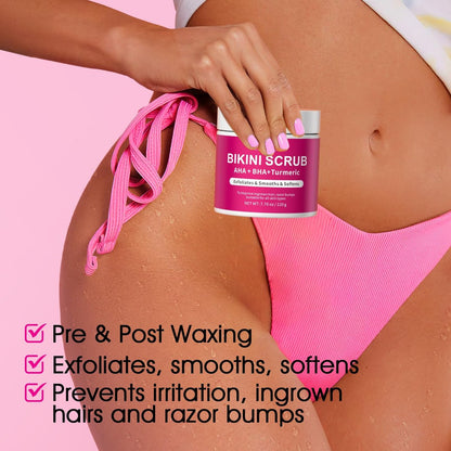 Bikini Area Exfoliator with 10% AHA+BHA & Turmeric - Ingrown Hair & Razor Bump Treatment for Bikini Underarm Area, Moisturizing Body Scrub with Walnut Shell Powder