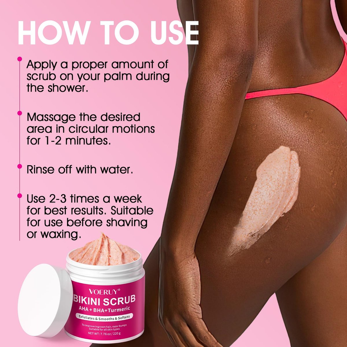 Bikini Area Exfoliator with 10% AHA+BHA & Turmeric - Ingrown Hair & Razor Bump Treatment for Bikini Underarm Area, Moisturizing Body Scrub with Walnut Shell Powder - görsel 15