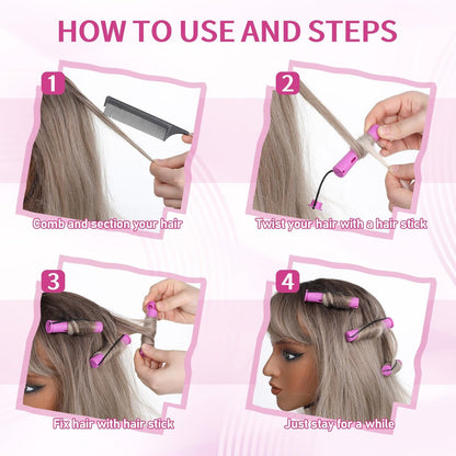 JJUNW 30Pcs Heatless Curlers Set for Natural Hair - Pink Plastic Hair Rollers with Clips for Long & Short Hair Styling, DIY Perm Kit with Curling Rods and Perm Papers