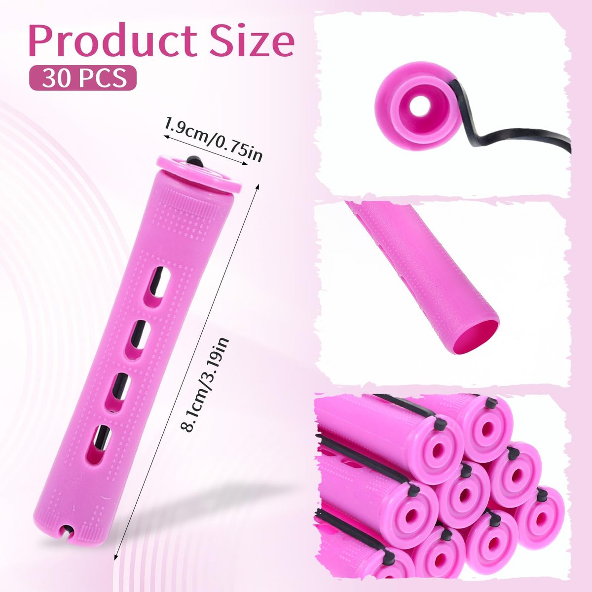 JJUNW 30Pcs Heatless Curlers Set for Natural Hair - Pink Plastic Hair Rollers with Clips for Long & Short Hair Styling, DIY Perm Kit with Curling Rods and Perm Papers - görsel 3