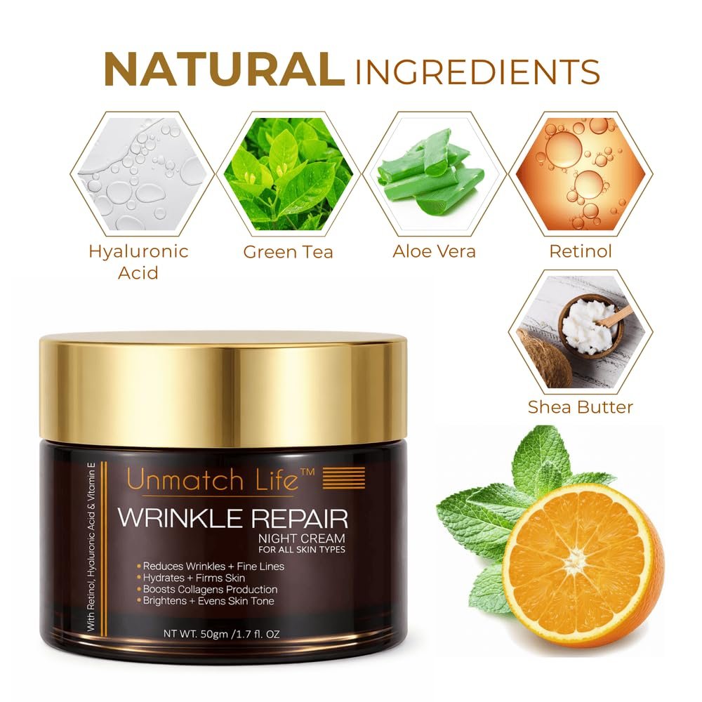 Retinol Night Cream for Face | Anti Aging & Wrinkle Cream with Hyaluronic Acid, Collagen & Vitamin C | Night Moisturizer for Deep Wrinkles, Dry & Aging Skin | 1.7 oz - görsel 5