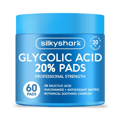 SilkyShark Glycolic Acid 20% Resurfacing Pads (60 Count) - Ultra Pure Glycolic Acid + Salicylic Acid Exfoliating Peel Pads for Face & Body with Vitamins B, C & E
